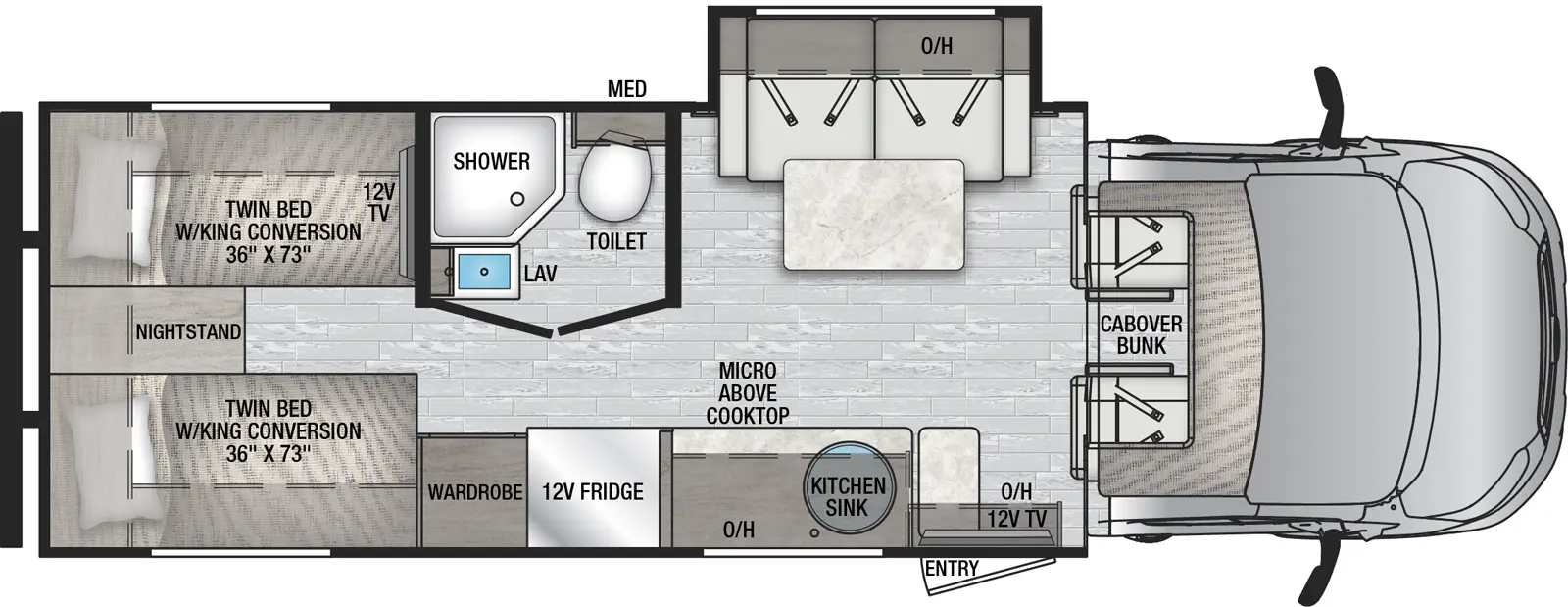 The 23TK has one entry and one slideout. Interior layout front to back: front cab with cabover bunk; off-door side slideout with seating, table and overhead cabinet; door side entry with TV, overhead cabinet, kitchen counter, sink, microwave, cooktop, 12V refrigerator, and wardrobe; off-door side full bathroom with medicine cabinet; rear opposing twin beds with king bed conversion, nightstand in between, and 12V TV.